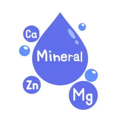 Goutte d'eau "Mineral" entourée de bulles "Ca", "Zn", "Mg". Illustration simple pour le classement eau résidu à sec.