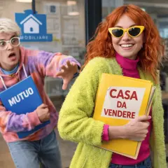 Ragazza sorridente con cartella "CASA DA VENDERE" e ragazzo spaventato con cartella "MUTUO" fuori da un'agenzia immobiliare.