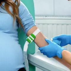 Gravid kvinna får blodprov taget, en del av kub test vecka.