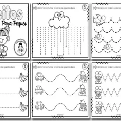 Hojas de grafomotricidad con letras y dibujos para que los peques tracen líneas: nubes, peces, monos, coches y palmeras.