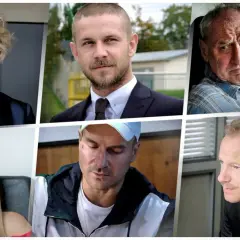 Portretowa kolaż z serialu "Bad Boy". Widać tu fragmenty twarzy i sylwetek aktorów z obsady: kobiety w granatowej marynarce, mężczyzny w garniturze, starszego mężczyzny w kratę, kobiety w różowej bluzce i mężczyzny z plastrem na czole.
