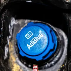 Niebieski korek wlewu AdBlue, z napisem "AdBlue" i symbolem książki. Czy adblue zamarza? To pytanie nurtuje wielu kierowców zimą.