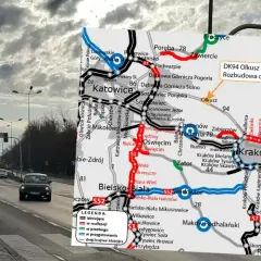 Mapa drogowa z zaznaczoną rozbudową DK94 Olkusz. W tle droga krajowa z samochodami i sygnalizacją świetlną.