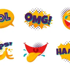 Zabawne, kolorowe grafiki z młodzieżowe skróty: LOL, OMG, HAHAHA, OOPS! oraz emotikony.