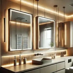 Elegancka łazienka z dwoma lustrami z lampkami LED, umywalką i toaletą. Ciepłe światło podkreśla nowoczesny design.