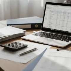 Biurko z laptopem wyświetlającym arkusz kalkulacyjny, stosem dokumentów, kalkulatorem i długopisem. Idealne miejsce do pracy nad **ryczałtem**.