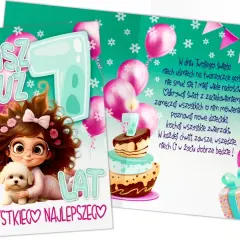 Urocze życzenia urodzinowe dla siedmiolatka: dziewczynka z pieskiem, tort z cyfrą 7, balony i wesoły napis "Masz już 7 lat!".