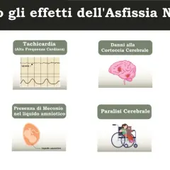 Immagine mostra effetti dell'asfissia neonatale: bradicardia, tachicardia, danni cerebrali, basso indice di Apgar, presenza di meconio nel liquido amniotico e paralisi cerebrale.