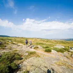 Deux randonneurs avancent sur un sentier rocailleux sous un ciel bleu. Le paysage est vaste, avec des collines verdoyantes et des rochers éparpillés. Ils suivent le GR 70, une aventure en pleine nature.