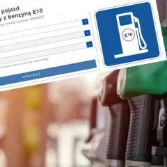 Formularz sprawdzający kompatybilność pojazdu z benzyną E10, obok pistoletów dystrybutorów paliwa.