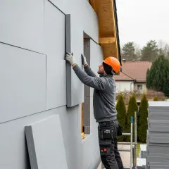 Budowlaniec montuje płyty izolacyjne na elewacji. To druga warstwa kleju na elewacji, zapewniająca ciepło.
