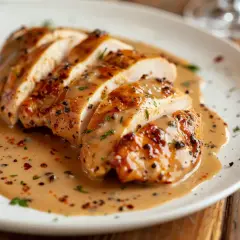 Saftig kyckling i ugn, skivad och serverad med en krämig pepparsås. En klassiker som alltid går hem.