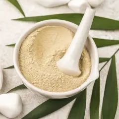 Mörser mit feinem Pulver, das aus Caesalpinia spinosa gum gewonnen wird, umgeben von weißen Steinen und grünen Blättern.