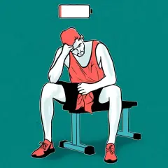 Erschöpfter Mann sitzt auf einer Bank, Akku fast leer. Mögliche zu viel Protein Symptome?