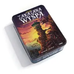 Pudełko gry planszowej "Zakazana Wyspa" z wieżą zegarową i palmami na tle zachodzącego słońca. Przygoda czeka!