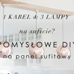 Elegancki żyrandol 3 żarówki z miedzianymi kloszami, zawieszony na drewnianej belce. Pomysł na oświetlenie DIY.