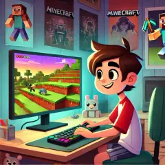 Chłopiec gra w gry online multiplayer, budując świat w stylu Minecraft. Na ścianie plakaty z gry i gitara.