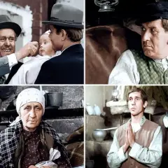 Sceny z filmu "Kochaj albo rzuć": mężczyźni z dzieckiem, rolnik, starsza kobieta i dwaj modlący się panowie.