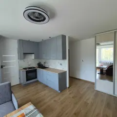 Nowoczesna kuchnia i salon w mieszkaniu do wynajęcia Piotrków Trybunalski. Jasne wnętrze z szarymi meblami i drewnianą podłogą.