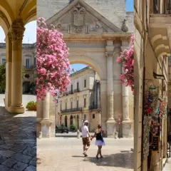 En vacker triptyk av Lecce, Italien. En kvinna går genom en arkad, ett par håller hand under en valv med rosa blommor, och en smal gränd med souvenirer.