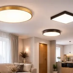 Nowoczesne wnętrze z trzema lampami sufitowymi płaskimi: okrągłą złotą, kwadratową czarną i okrągłą ciemną.