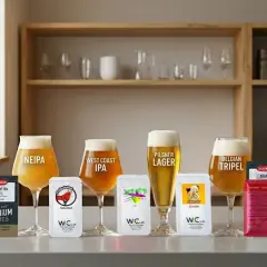 Verres de bière artisanale (NEIPA, West Coast IPA, Pilsner, Belgian Tripel) et sachets de levure de bière.