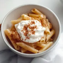 Penne makaron z jabłkami, polany śmietaną i posypany cynamonem. Aromatyczny deser, który zachwyca smakiem.