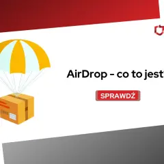 Grafika przedstawia paczkę opadającą na spadochronie, z napisem "AirDrop - co to jest?". Dowiedz się więcej!