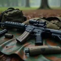 Rifle táctico con mira, cargador y accesorios, listo para operaciones de delta tactics en el bosque.