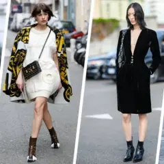 Moda di strada con donne che indossano abiti eleganti e **tronchetti bassi** di vari stili e colori.