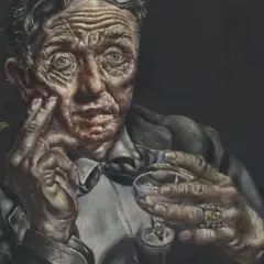 A haunting portrait by Ivan Albright of an aged man with deeply lined skin, holding a glass and resting his chin on his hand.