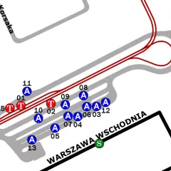 Mapa pokazuje jak dojechać z dworca Wschodniego do szpitala na Szaserów. Znajdują się tu oznaczenia przystanków (A) i (T) oraz nazwy ulic.