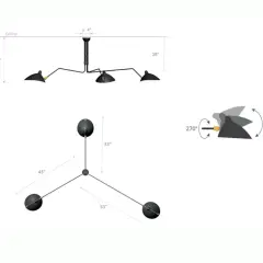 Diagrama de lámparas de techo con brazo extensible, mostrando sus dimensiones y ángulos de movimiento.
