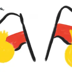 Dwie polskie flagi z żółtymi symbolami przypominającymi sakiewki lub korony.
