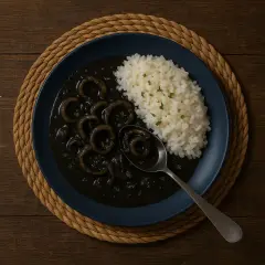 Plato de calamares en su tinta con arroz blanco, servido en un plato azul sobre una esterilla de mimbre.