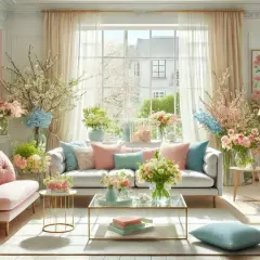 A light-filled living room with a pale pink sofa, abundant floral arrangements, and pastel accents. This space is perfect to refresh your home for spring.