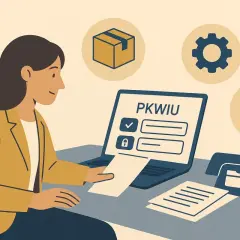 Kobieta przy laptopie z napisem PKWIU sprawdza, czy urlop na żądanie jest płatny. Ikony symbolizują pracę i dokumenty.