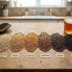 Six tas de blé malté, du clair au noir, illustrent la définition du blé malté. Une pelle et un verre de bière complètent la scène.