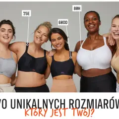 Pięć kobiet w różnych rozmiarach biustonoszy: 80F, 75E, 60DD, 80H, 70E. Jaki to rozmiar?