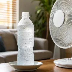 Une bouteille d'eau glacée condensation sur une table, avec un ventilateur en arrière-plan. Parfait pour boire de l'eau glacée quand il fait chaud.