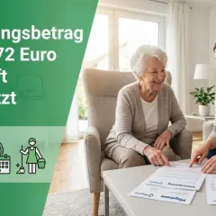Junge Frau erklärt älterer Dame den Entlastungsbetrag von 1.572 Euro, der oft ungenutzt bleibt. Icons zeigen Geld, Zeit, Kalender und Haushaltshilfe.