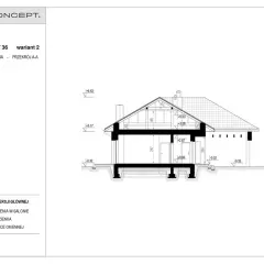 Przekrój A-A dla projektu HOMEKONCEPT 36 wariant 2. Widoczny fragment domu z fundamentami, ścianami, dachem i wymiarami.