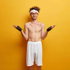 Chudy ektomorfik w okularach i opasce na głowie, z rękami rozłożonymi na boki, jakby pytał "co dalej?".