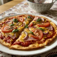 Pyszna pizza z tortilli z pomidorami, cebulą, szynką i serem, udekorowana bazylią. Idealna na szybki obiad.