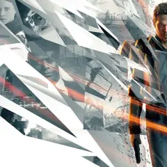 Jack Joyce z pistoletem, fragmenty miasta i postaci, flaga Polski. Quantum Break spolszczenie.