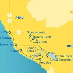 Mapa Peru z zaznaczonymi trasami turystycznymi. Machu Picchu znajduje się w pobliżu Cusco i Ollantaytambo.