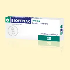 Opakowanie leku **Biofenac 100** mg, zawierające 20 tabletek powlekanych.
