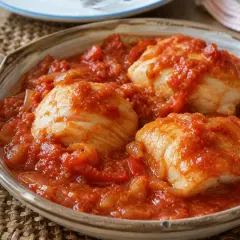 Bacalao con tomate, un plato casero con trozos de pescado blanco en una salsa roja de tomate y cebolla.
