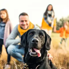 Familia feliz con su perro negro en un campo de hierba alta. Un perro perfecto para niños, juguetón y leal.