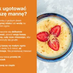 Kaszka manna, przygotowana z mleka lub wody, podana z truskawkami i posypką.